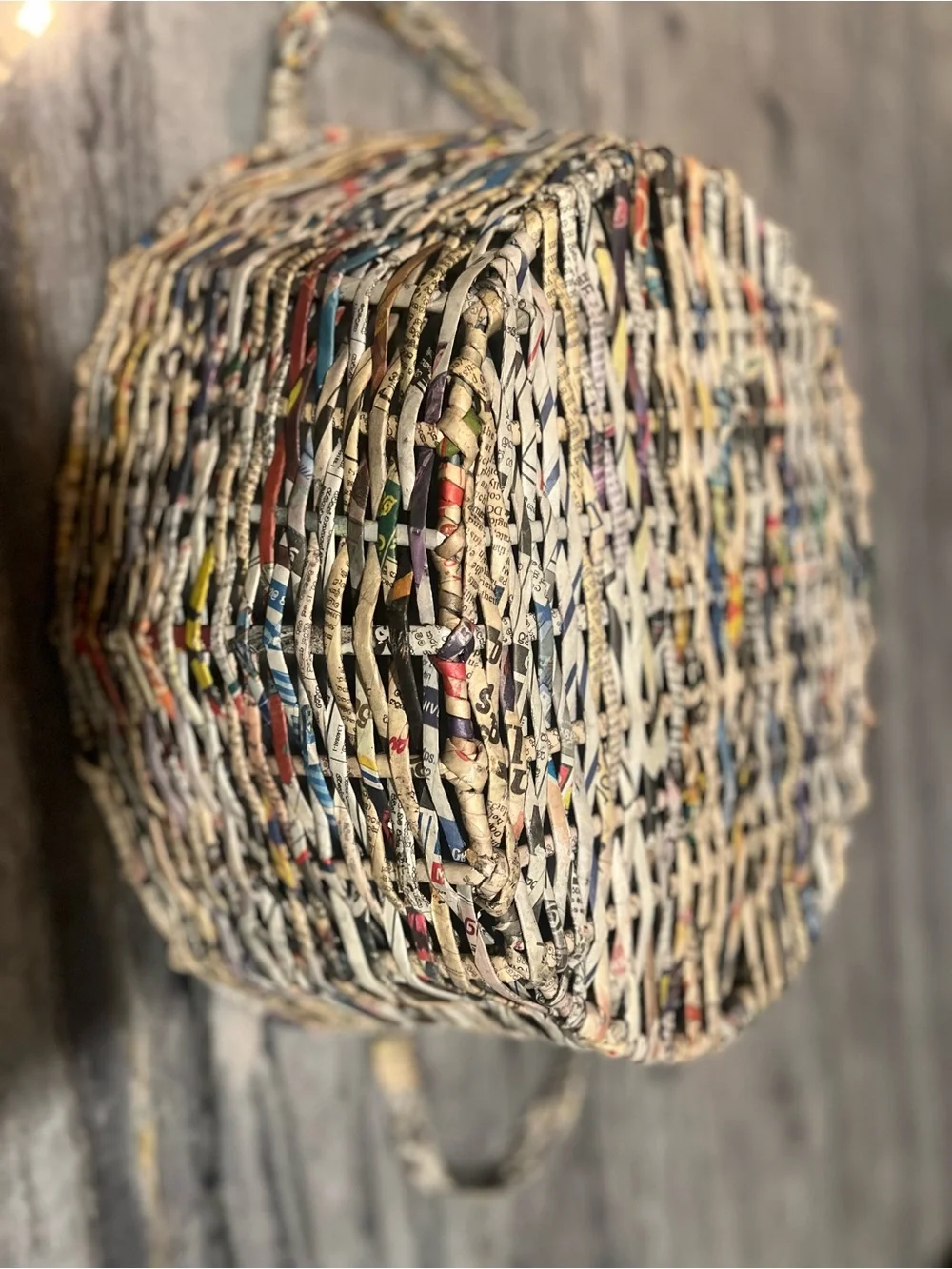 Vintage Handwoven Recycled Newspaper Basket with Handles -Boho Eco-Friendly